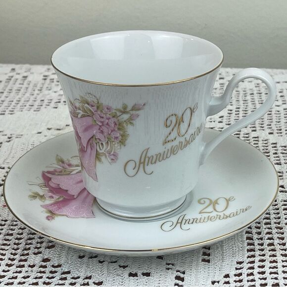 SAJI made in Japan Teacup and Saucer || 20th Anniversary written in French || - Picture 10 of 13